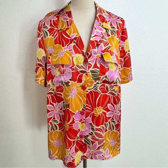 DR2 Short Sleeve Floral Button Down Blouse Size XLarge - Picture 3 of 13